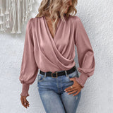 Elegant Draped V-Neck Long Sleeve Blouse for Women