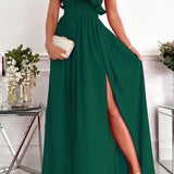 One-Shoulder Ruffle Slit Evening Gown for Women