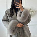 Belted Wool-Blend Coat with Faux Fur Cuffs – Women’s Elegant Outerwear