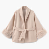 Belted Wool-Blend Coat with Faux Fur Cuffs – Women’s Elegant Outerwear