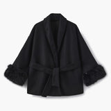 Belted Wool-Blend Coat with Faux Fur Cuffs – Women’s Elegant Outerwear