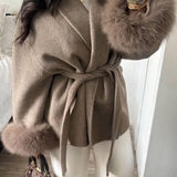 Belted Wool-Blend Coat with Faux Fur Cuffs – Women’s Elegant Outerwear
