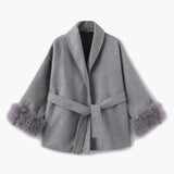 Belted Wool-Blend Coat with Faux Fur Cuffs – Women’s Elegant Outerwear