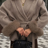 Belted Wool-Blend Coat with Faux Fur Cuffs – Women’s Elegant Outerwear