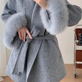 Belted Wool-Blend Coat with Faux Fur Cuffs – Women’s Elegant Outerwear