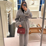 Belted Wool-Blend Coat with Faux Fur Cuffs – Women’s Elegant Outerwear
