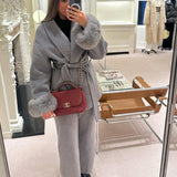 Belted Wool-Blend Coat with Faux Fur Cuffs – Women’s Elegant Outerwear