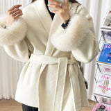 Belted Wool-Blend Coat with Faux Fur Cuffs – Women’s Elegant Outerwear