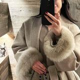 Belted Wool-Blend Coat with Faux Fur Cuffs – Women’s Elegant Outerwear