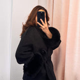 Belted Wool-Blend Coat with Faux Fur Cuffs – Women’s Elegant Outerwear