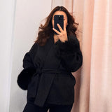 Belted Wool-Blend Coat with Faux Fur Cuffs – Women’s Elegant Outerwear