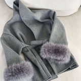 Belted Wool-Blend Coat with Faux Fur Cuffs – Women’s Elegant Outerwear