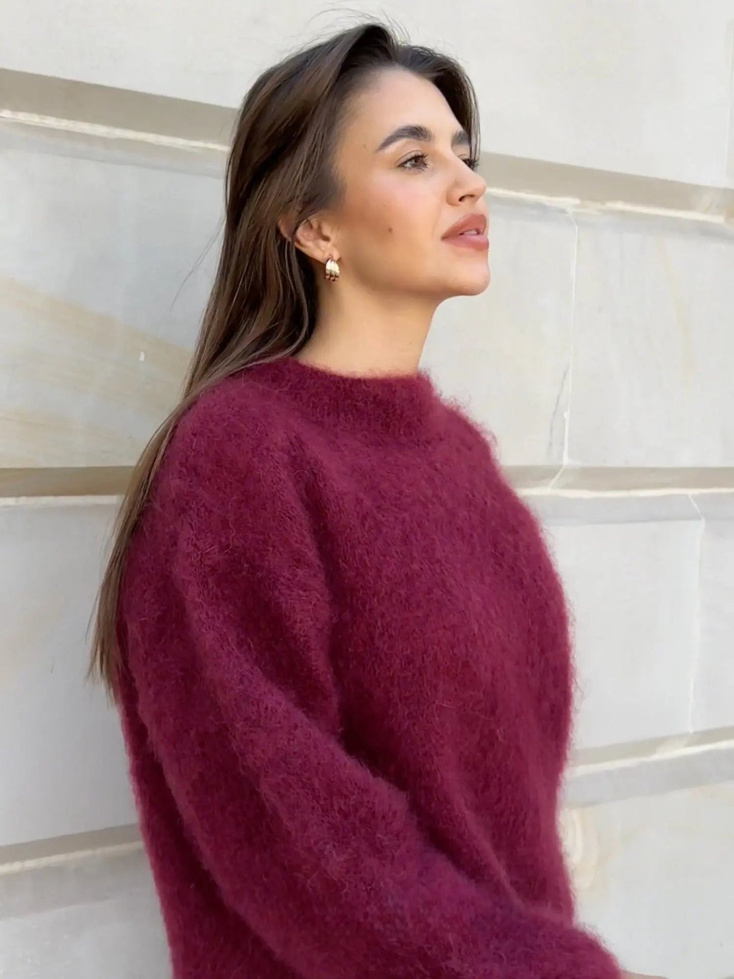 Burgundy Fluffy Knit Sweater for Women – Cozy Winter Pullover