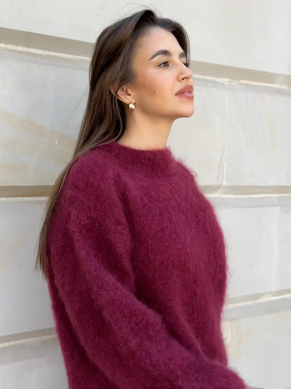 Burgundy Fluffy Knit Sweater for Women – Cozy Winter Pullover