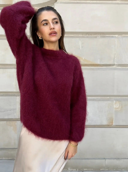 Burgundy Fluffy Knit Sweater for Women – Cozy Winter Pullover
