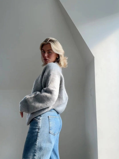 Burgundy Fluffy Knit Sweater for Women – Cozy Winter Pullover