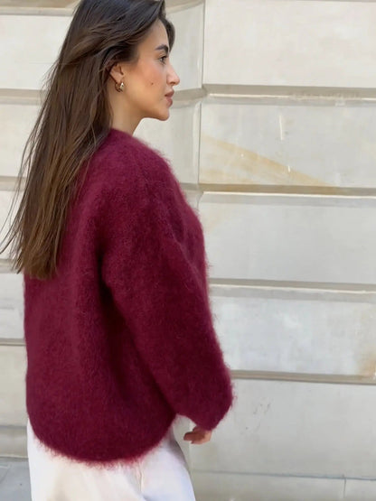 Burgundy Fluffy Knit Sweater for Women – Cozy Winter Pullover
