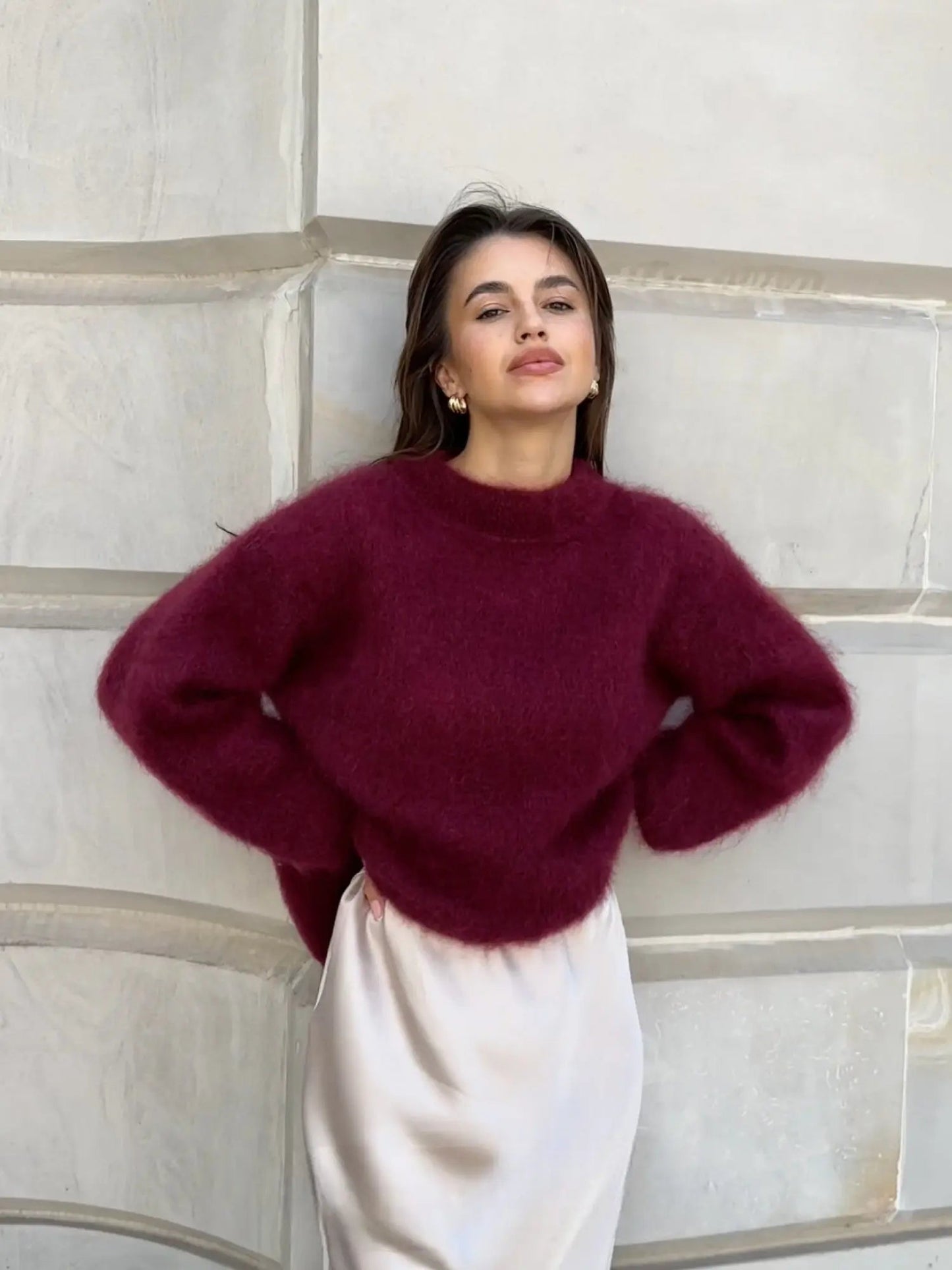 Burgundy Fluffy Knit Sweater for Women – Cozy Winter Pullover