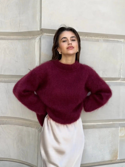 Burgundy Fluffy Knit Sweater for Women – Cozy Winter Pullover