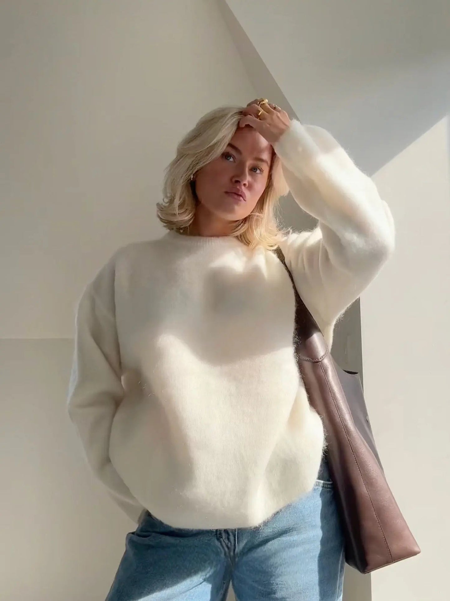 Burgundy Fluffy Knit Sweater for Women – Cozy Winter Pullover