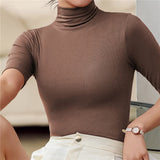 Fitted Mock Neck Short Sleeve Turtleneck Top for Women
