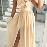 One-Shoulder Ruffle Slit Evening Gown for Women